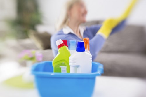 Cleaner treating a stained carpet in a Hackney flat